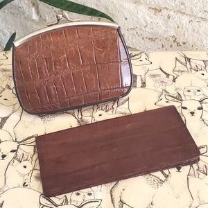 VTG Pelle Brown Leather Change Purse & Wallet Set Kisslock Mini Purse Croc Print